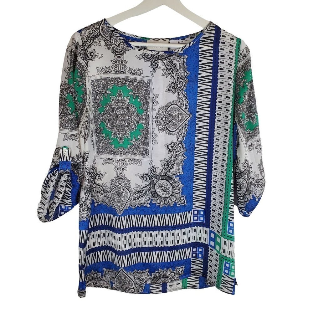 CHICO'S 0 (4) Blouse 3/4 Roll Tab Sleeves Blue Geometric Bandana